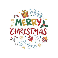 &ldquo;Vibrant colorful &lsquo;Merry Christmas&rsquo; typography logo, bold playful letters in gradient red, green, gold, and blue, surrounded by multicolor stars, snowflakes, candy canes, ornaments, confetti shapes, c