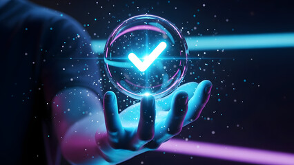 hand holding a glowing neon arrow, Hand holds glowing blue checkmark in circle on dark background. Represents digital confirmation choice, approval or data collection in online marketing context. Conc