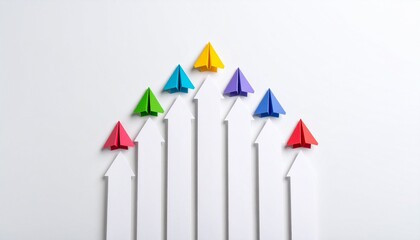 Colorful paper airplanes on upward arrows in symmetrical arc on white background
