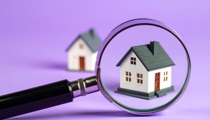 Magnifying glass focusing on model house with purple background
