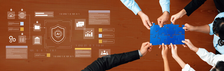 A diverse team engages in collaboration at a wooden table, integrating technology and data analysis with digital graphics representing security in a modern office setting. Gantry