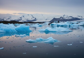 Vast arctic wilderness featuring colossal ice sheets, towering glaciers, and tranquil, icy waters reflecting the cold, clear atmosphere ,rugged ,environment ,tranquil