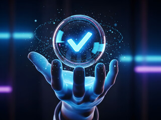 hand holding a glowing neon arrow, Hand holds glowing blue checkmark in circle on dark background. Represents digital confirmation choice, approval or data collection in online marketing context. Conc