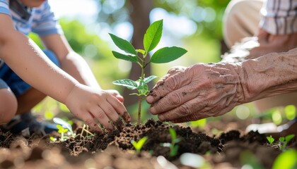 Child and Senior Planting Tree Together in Garden