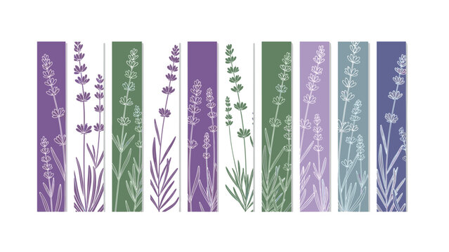 Collection of vertical banners and bookmarks with elegant lavender floral patterns in various shades of purple, green, and blue.