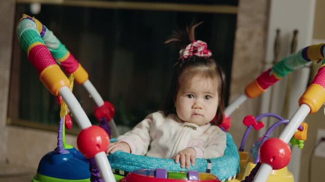 Baby girl bouncing in a colorful activity jumper at home, looking to the side with a curious expression