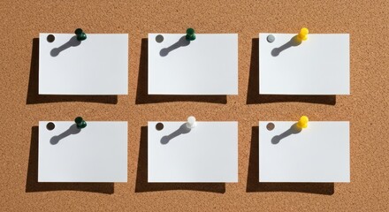 Six blank white notes pinned to a cork board. Shadows cast by pins