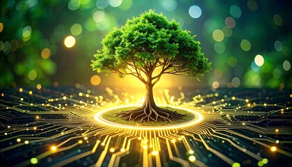 Glowing green tree on circuit board with golden light and bokeh background