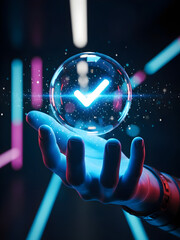 hand holding a glowing neon arrow, Hand holds glowing blue checkmark in circle on dark background. Represents digital confirmation choice, approval or data collection in online marketing context. Conc