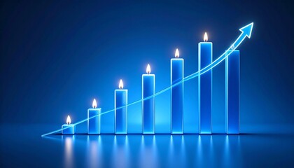 Ascending blue bars with candles and growth arrow on gradient background