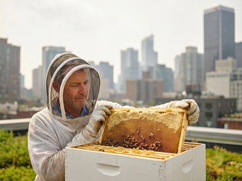 Urban beekeeper lifting honeycomb frame from rooftop hive in city