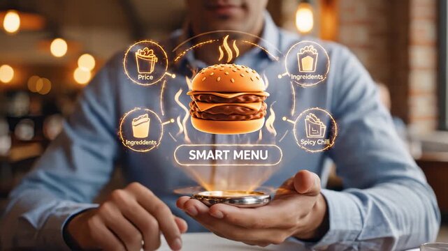 Person Interacts With Holographic Smart Menu Displaying Burger Options