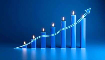 Ascending blue bars with candles and growth arrow on gradient background