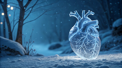 Glowing ice heart resting on snowy ground in a dark, mystical winter forest setting with soft blue light and bokeh