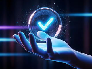 hand holding a glowing neon arrow, Hand holds glowing blue checkmark in circle on dark background. Represents digital confirmation choice, approval or data collection in online marketing context. Conc
