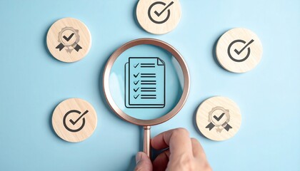 Magnifying glass over checklist icon with checkmark tokens on blue background