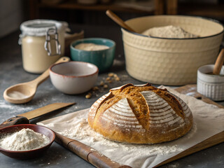 Naklejka premium Rustic Sourdough Bread Loaf with Flour and Baking Ingredients