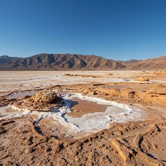 Vast arid landscape featuring ancient geological formations, striking salt patterns, and rugged peaks under a brilliant, clear sky ,texture ,nature ,erosion