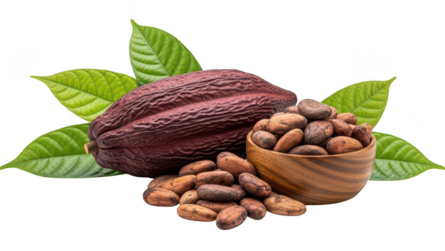 Cocoa pod with roasted cacao beans and leaves on transparent background
