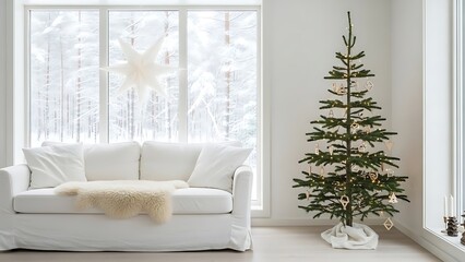 Bright living room with a Christmas tree, white sofa, large window, and a star decoration.