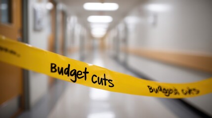 Yellow caution tape reading Budget cuts is stretched across a hospital corridor, highlighting the impact of financial constraints on healthcare facilities