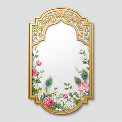 Ornate Gold Arch Mirror with Pink Roses and Peacock Feathers frame isolated on a transparent background