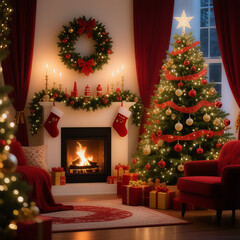A festively decorated Christmas tree creates a warm and cozy atmosphere next to a blazing fireplace.
