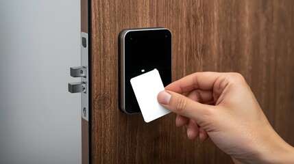Hand using RFID key card to unlock modern smart door lock system, illustrating secure access control, digital authentication, and contemporary home security technology