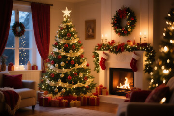 A festively decorated Christmas tree creates a warm and cozy atmosphere next to a blazing fireplace.