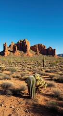 Vast arid landscape featuring striking red rock formations under a bright blue sky. Iconic saguaro cacti dot the expansive, sun-drenched desert ,tranquil ,butte ,saguaro