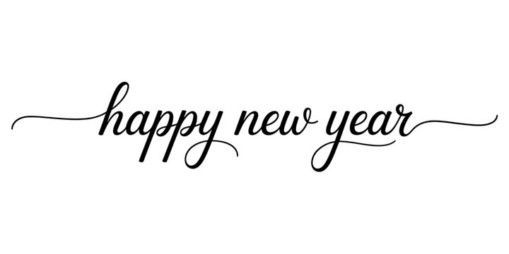 Happy new year" elegant black script text on a clean white background, ideal for seasonal greetings and festive design projects. Vector, illustration