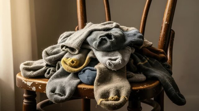 Heap of old socks on a vintage chair, displaying wear and imperfections in a cozy indoor setting