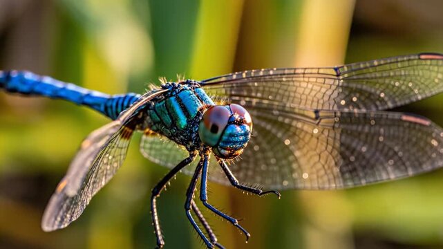 Close up of a blue dragonfly in flight over water with blurred background and sunlight reflections