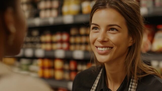 A warm service interaction between a cheerful shop assistant and a client, assisting in finding products on a shelf with soft lighting.