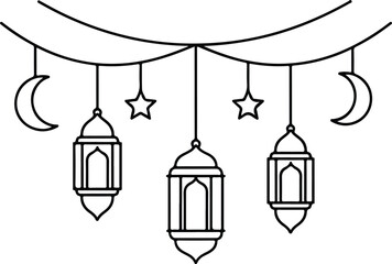 Ramadan lanterns with crescent moon and stars line art vector.