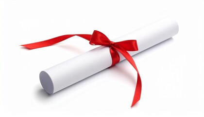 Rolled-up white paper tied with red ribbon on neutral surface symbolizing academic achievement