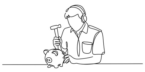 Continuous one line drawing of a person wearing headphones, holding a hammer above a piggy bank, symbolizing financial planning. Vector, illustration