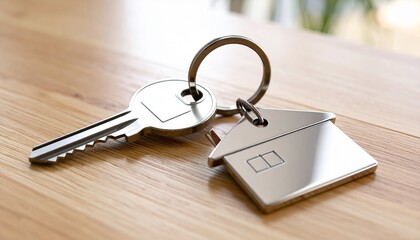 Metal key with house-shaped keychain on wooden surface symbolizing home ownership