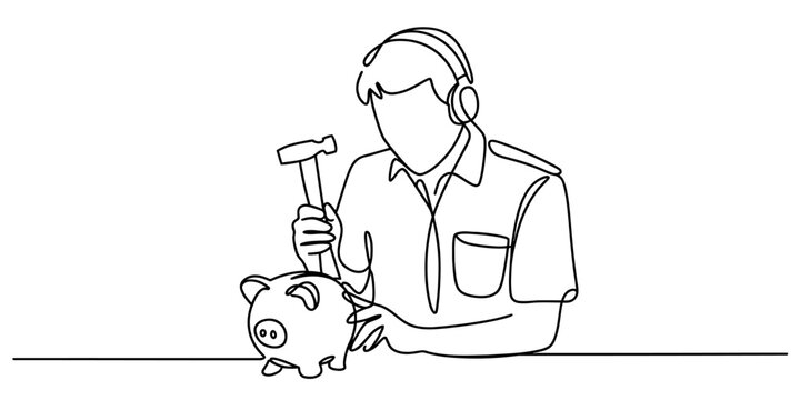 Continuous one line drawing of a person wearing headphones, holding a hammer above a piggy bank, symbolizing financial planning. Vector, illustration