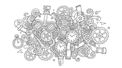 Intricate black and white coloring page or illustration featuring a complex collage of steampunk gears, clocks, and machinery.