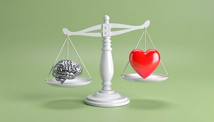 Balanced scale with brain and heart symbolizing equilibrium between logic and emotion