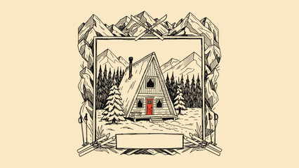 Hand-drawn illustration of a cozy A-frame cabin in a mountain forest landscape, framed by skis and a blank banner for text.