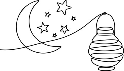 One line crescent moon stars and lantern Ramadan vector.
