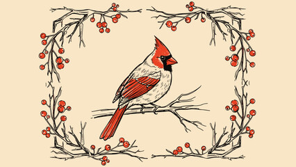 Obraz premium Hand-drawn vintage illustration of a beautiful red cardinal bird perched inside a delicate frame of winterberry branches.