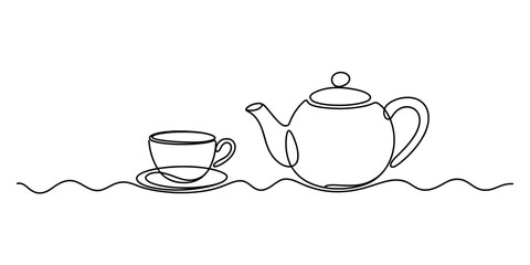 Continuous line drawing of a classic ceramic teapot and elegant teacup with saucer, symbolizing morning tea ritual and comfort. Vector, illustration