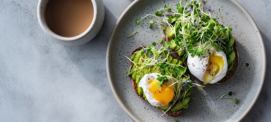 Nordic breakfast with poached egg and avocado toast, microgreens, cool soft daylight, clean Scandinavian style, airy minimalism, balanced overhead food composition