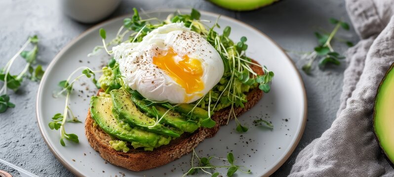 Nordic breakfast with poached egg and avocado toast, microgreens, cool soft daylight, clean Scandinavian style, airy minimalism, balanced overhead food composition - Powered by Adobe
