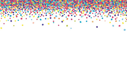 Bright and festive party background with a top border of colorful falling confetti in various shapes, dots and squares.