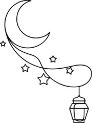 One line crescent moon with star trail and lantern Ramadan vector.