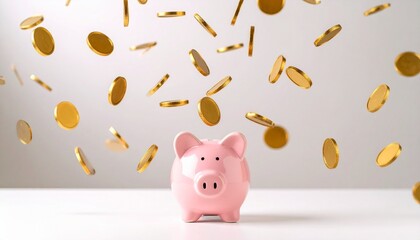 Pink piggy bank with falling gold coins on white surface and light gray background